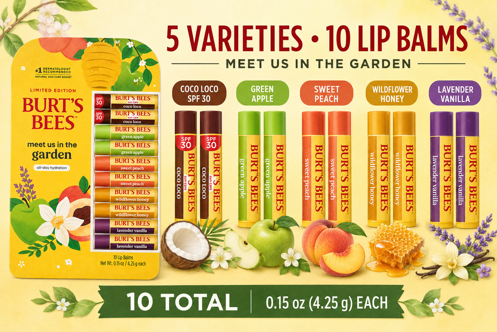 Burt's Bees Meet Us in the Garden Lip Balm Variety Pack, 10 Count, Coco Loco SPF 30, Green Apple, Sweet Peach, Wildflower Honey & Lavender Vanilla