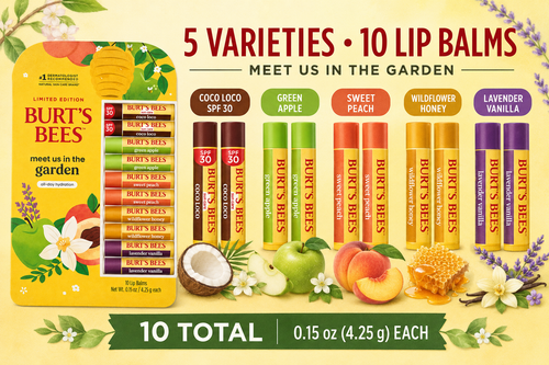 Burt's Bees Meet Us in the Garden Lip Balm Variety Pack, 10 Count, Coco Loco SPF 30, Green Apple, Sweet Peach, Wildflower Honey & Lavender Vanilla