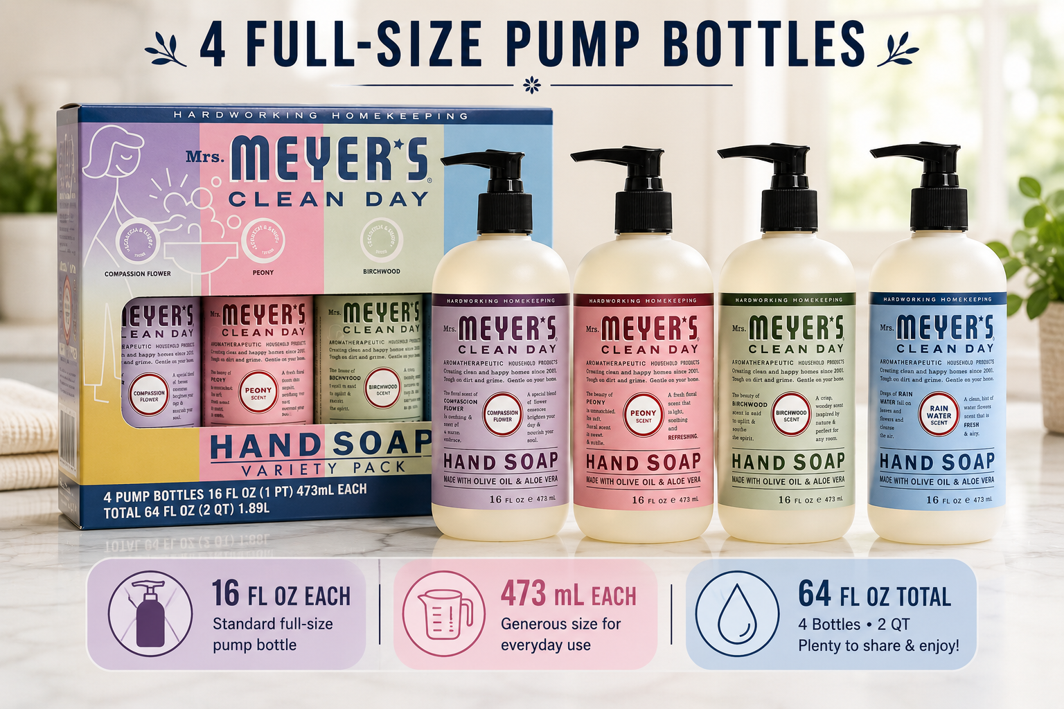 Mrs. Meyer’s Clean Day Hand Soap Variety Pack, 4-Pack, 16 fl oz Each, Rain Water, Birchwood, Peony & Compassion Flower, 64 fl oz Total