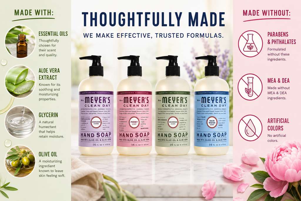 Mrs. Meyer’s Clean Day Hand Soap Variety Pack, 4-Pack, 16 fl oz Each, Rain Water, Birchwood, Peony & Compassion Flower, 64 fl oz Total