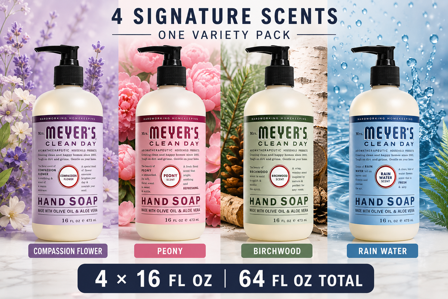 Mrs. Meyer’s Clean Day Hand Soap Variety Pack, 4-Pack, 16 fl oz Each, Rain Water, Birchwood, Peony & Compassion Flower, 64 fl oz Total