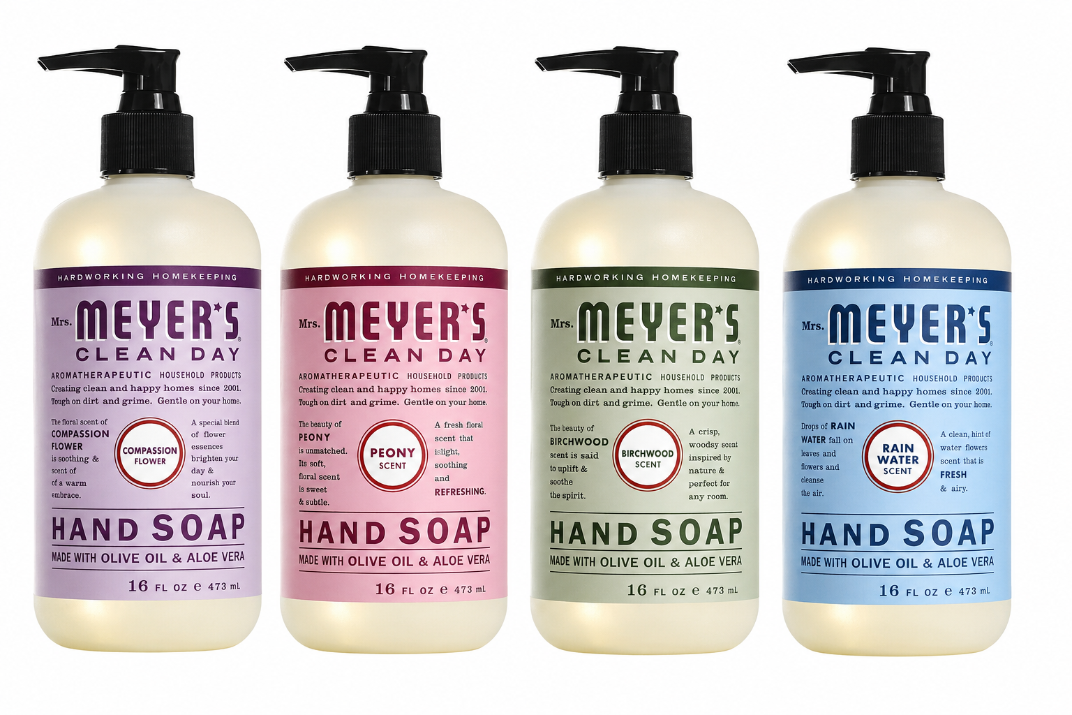 Mrs. Meyer’s Clean Day Hand Soap Variety Pack, 4-Pack, 16 fl oz Each, Rain Water, Birchwood, Peony & Compassion Flower, 64 fl oz Total