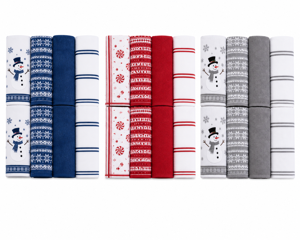 CARO Holiday Kitchen Towels, 100% Cotton, 18" x 28", 8 Count, Assorted Holiday Designs