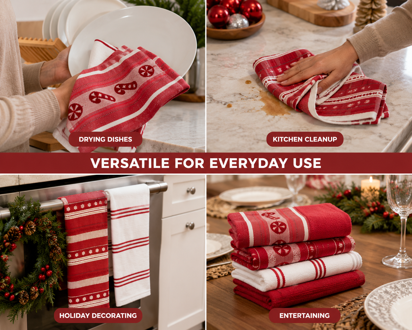 CARO Holiday Kitchen Towels, 100% Cotton, 18" x 28", 8 Count, Assorted Holiday Designs