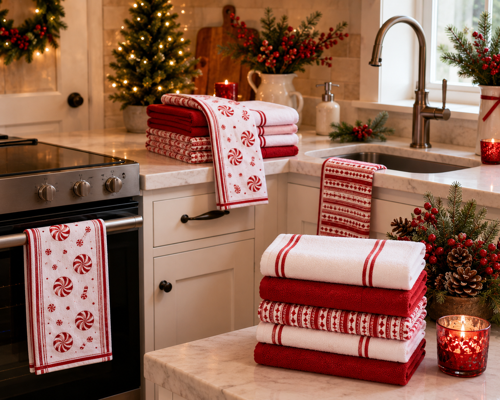 CARO Holiday Kitchen Towels, 100% Cotton, 18" x 28", 8 Count, Assorted Holiday Designs