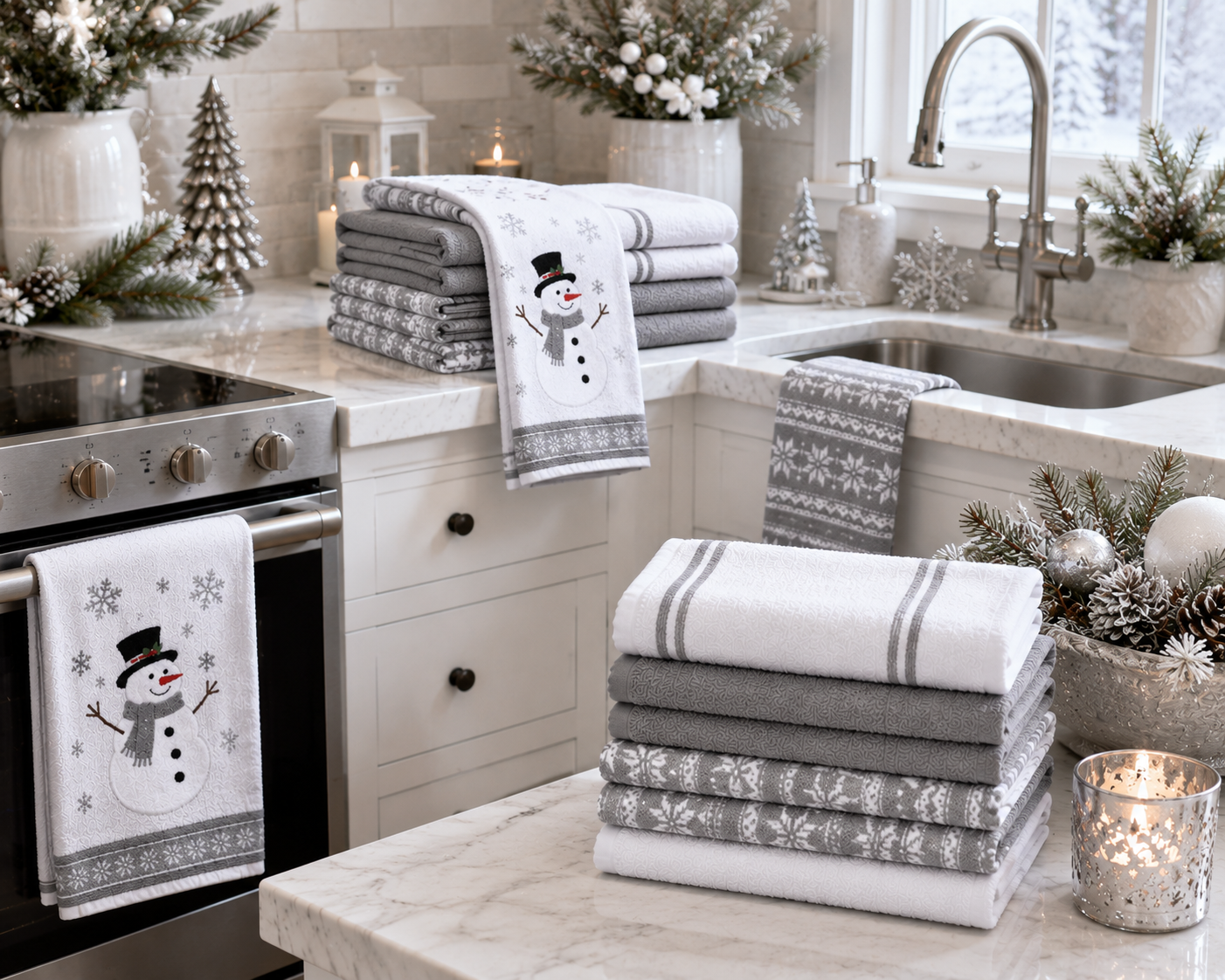 CARO Holiday Kitchen Towels, 100% Cotton, 18" x 28", 8 Count, Assorted Holiday Designs