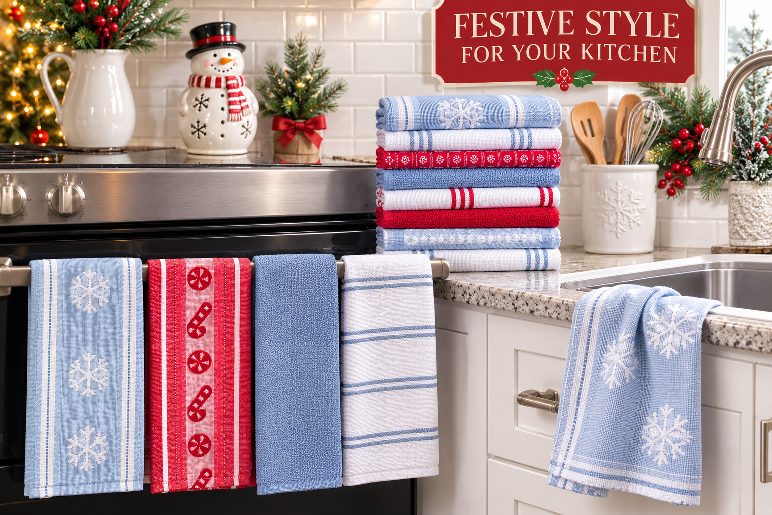 CARO Holiday Kitchen Towels, 100% Cotton, 18" x 28", 8 Count, Assorted Holiday Designs