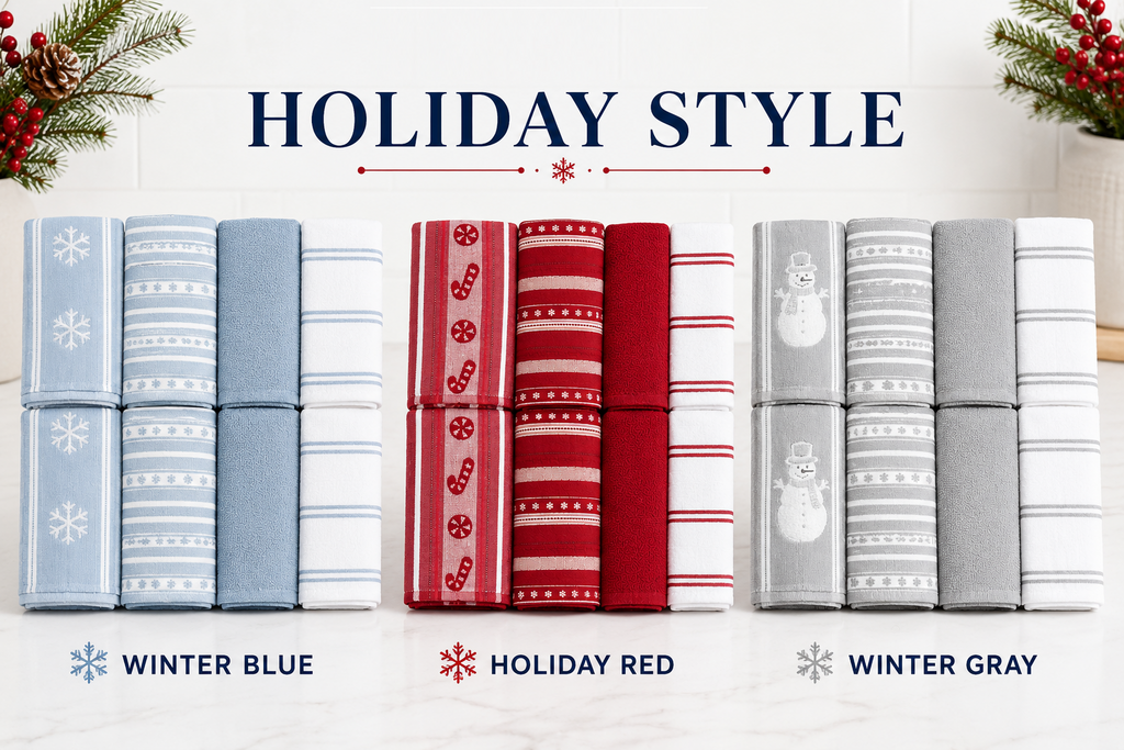 CARO Holiday Kitchen Towels, 100% Cotton, 18" x 28", 8 Count, Assorted Holiday Designs