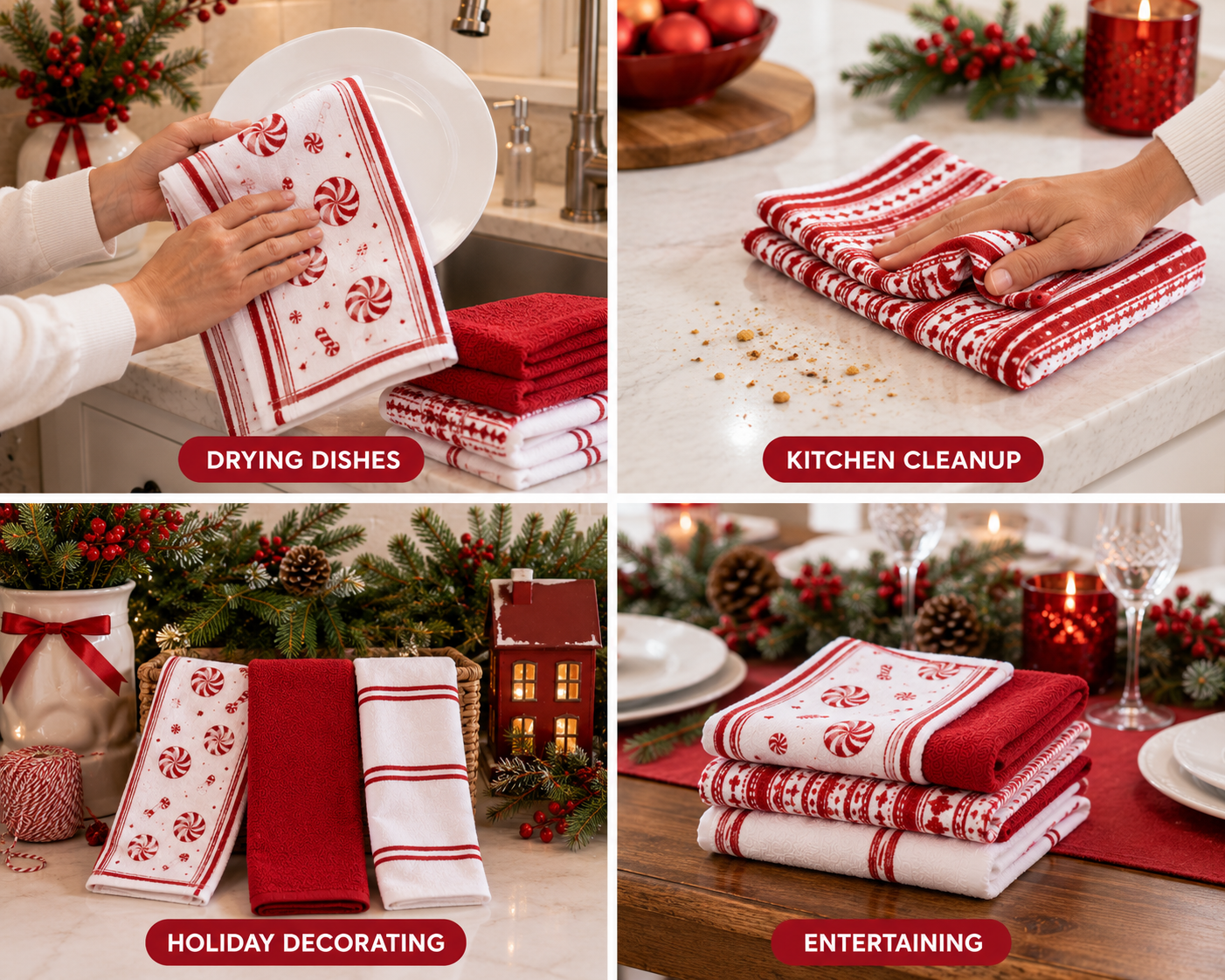 CARO Holiday Kitchen Towels, 100% Cotton, 18" x 28", 8 Count, Assorted Holiday Designs