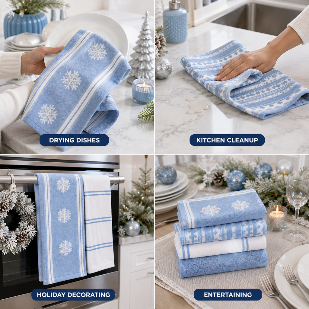 CARO Holiday Kitchen Towels, 100% Cotton, 18" x 28", 8 Count, Assorted Holiday Designs