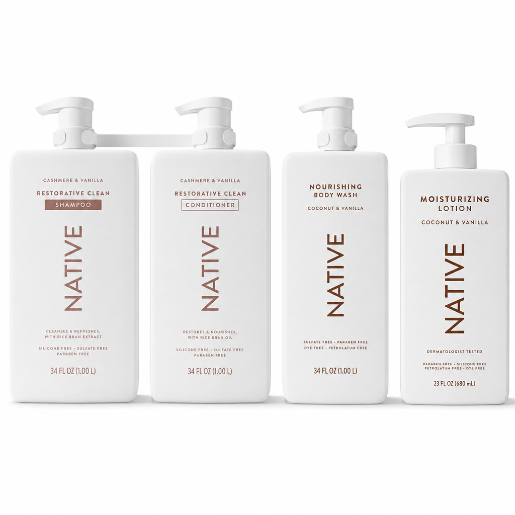 Native Hair and Body Care Set, Shampoo, Conditioner, Body Wash and Lotion, Cashmere, Coconut & Vanilla Scents, 4-Piece Set