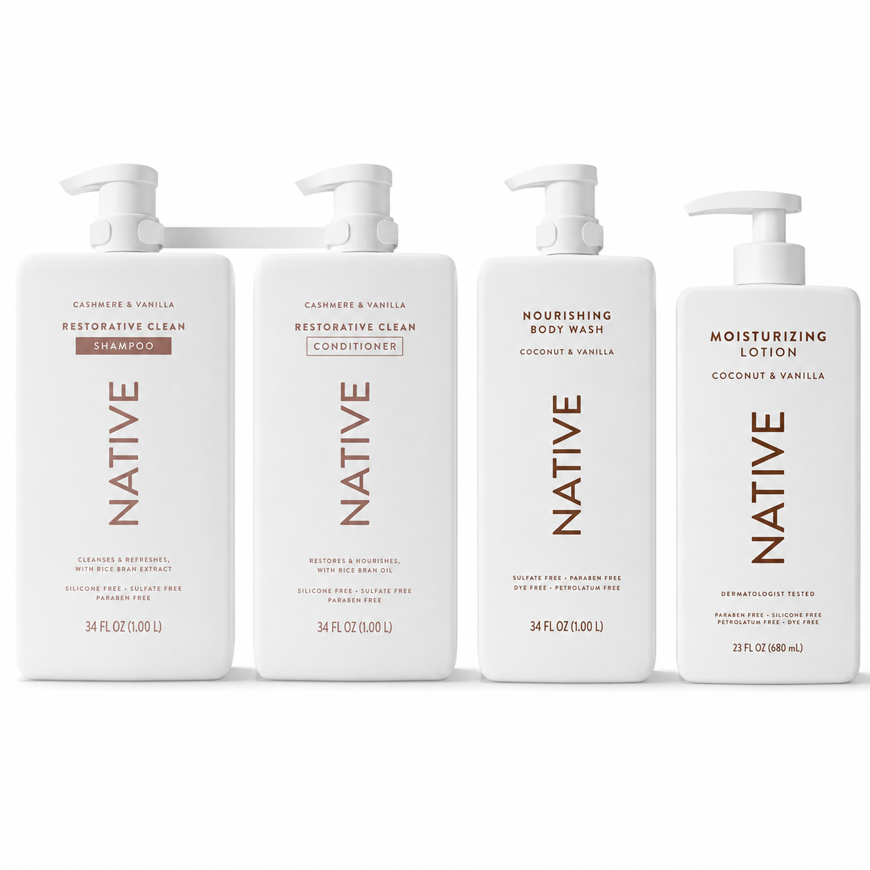 Native Hair and Body Care Set, Shampoo, Conditioner, Body Wash and Lotion, Cashmere, Coconut & Vanilla Scents, 4-Piece Set