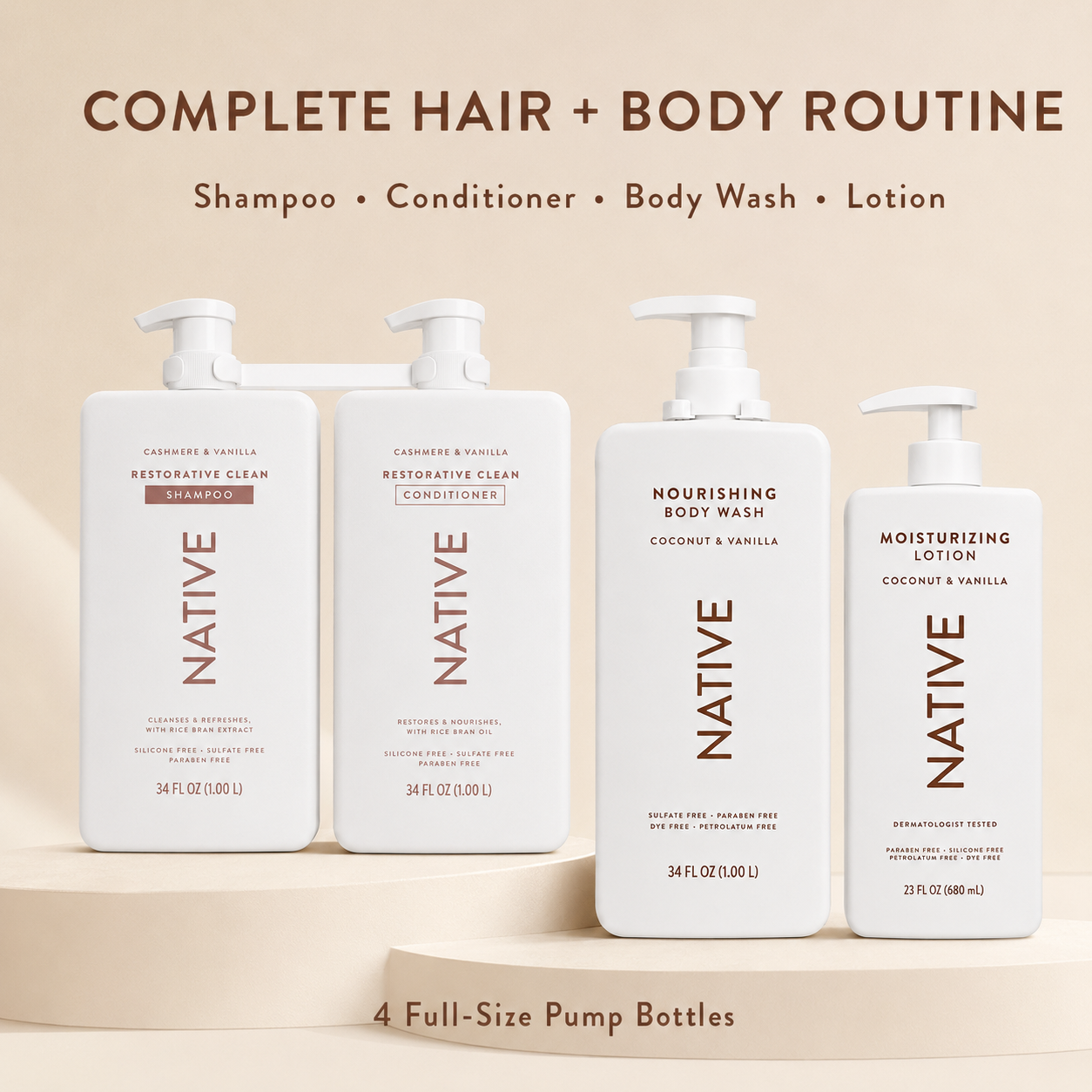 Native Hair and Body Care Set, Shampoo, Conditioner, Body Wash and Lotion, Cashmere, Coconut & Vanilla Scents, 4-Piece Set