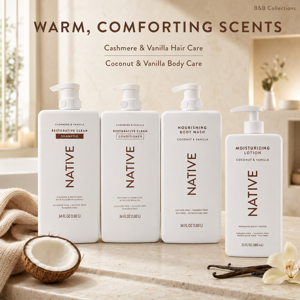 Native Hair and Body Care Set, Shampoo, Conditioner, Body Wash and Lotion, Cashmere, Coconut & Vanilla Scents, 4-Piece Set