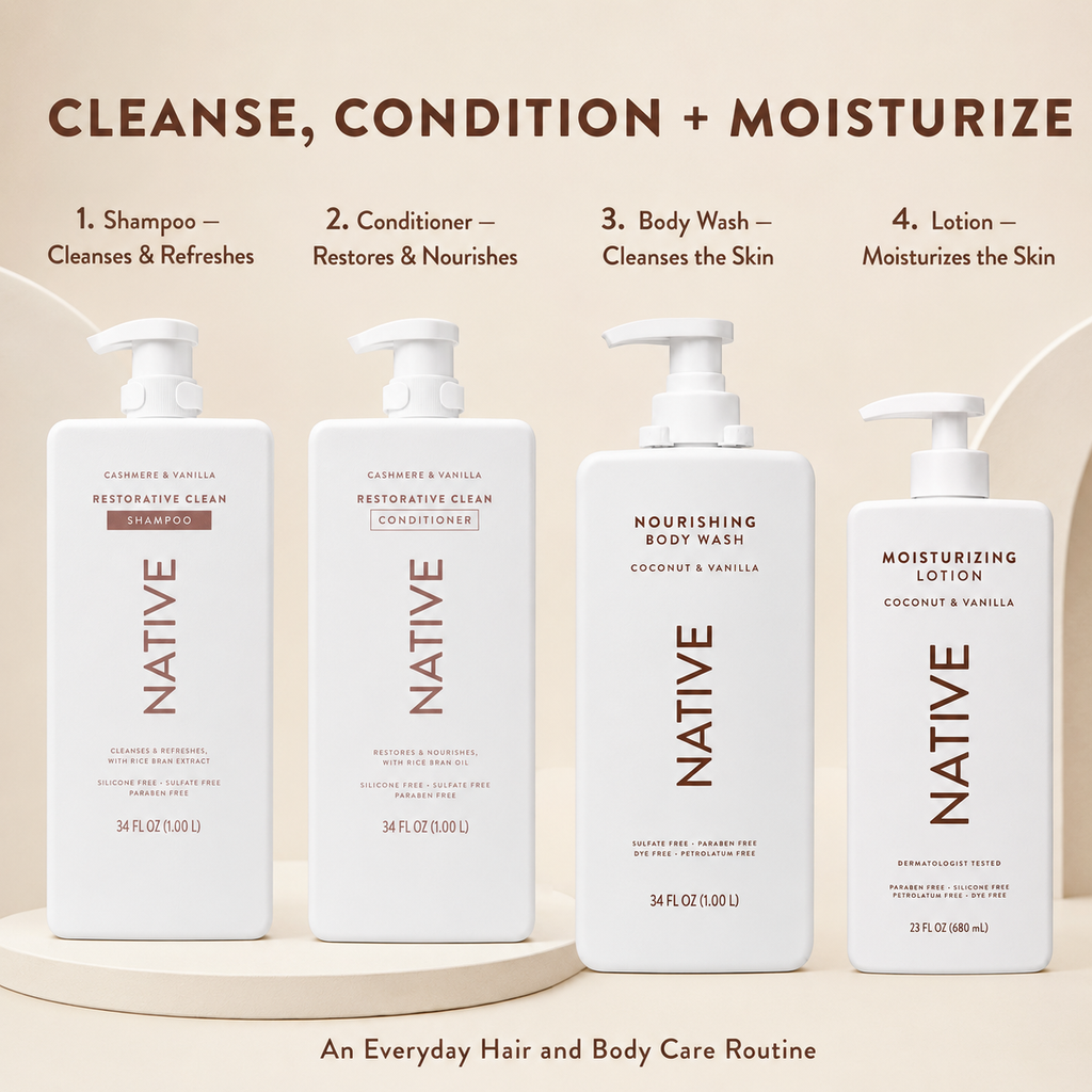 Native Hair and Body Care Set, Shampoo, Conditioner, Body Wash and Lotion, Cashmere, Coconut & Vanilla Scents, 4-Piece Set