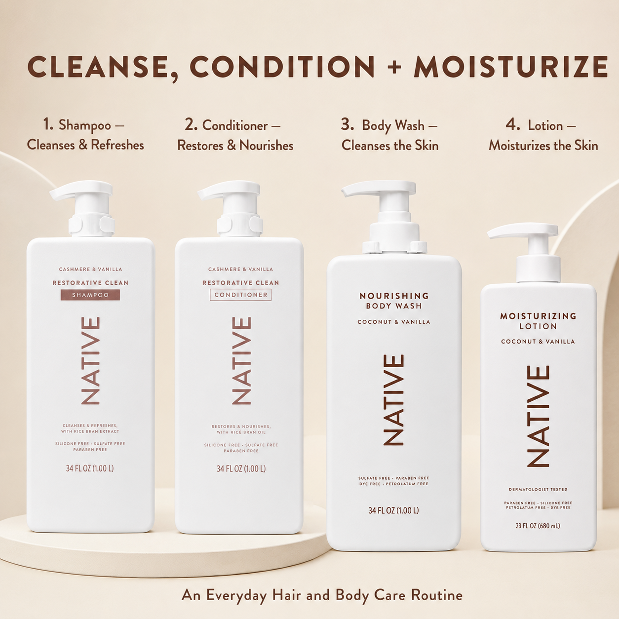 Native Hair and Body Care Set, Shampoo, Conditioner, Body Wash and Lotion, Cashmere, Coconut & Vanilla Scents, 4-Piece Set