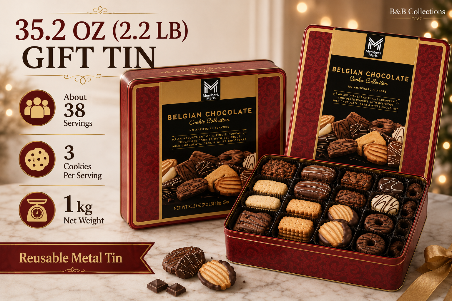 Member’s Mark Belgian Chocolate Cookie Collection, 12 European Cookie Varieties, 35.2 oz Gift Tin