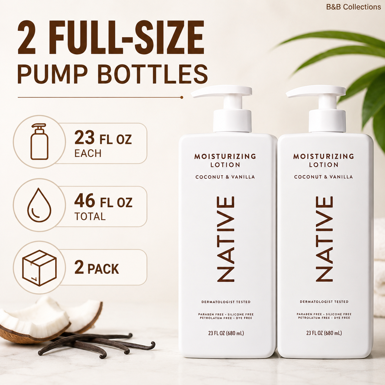 Native Moisturizing Lotion Coconut & Vanilla, 23 fl oz, Plant-Based Moisturizers with Shea Butter & Niacinamide, Hand & Body Lotion, 2 Pack