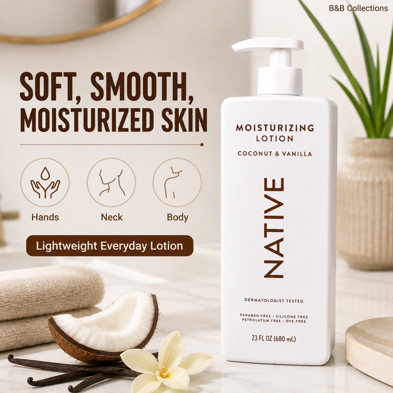 Native Moisturizing Lotion Coconut & Vanilla, 23 fl oz, Plant-Based Moisturizers with Shea Butter & Niacinamide, Hand & Body Lotion, 2 Pack