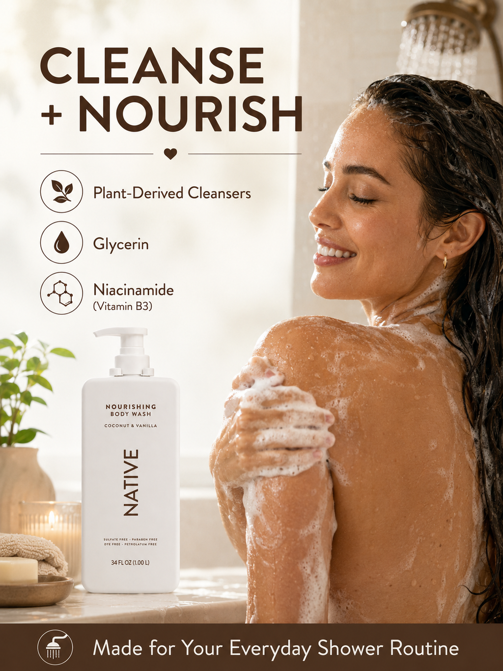 Native Nourishing Body Wash, Coconut & Vanilla, Sulfate Free & Paraben Free, 34 fl oz, 2 Pack (68 fl oz Total)