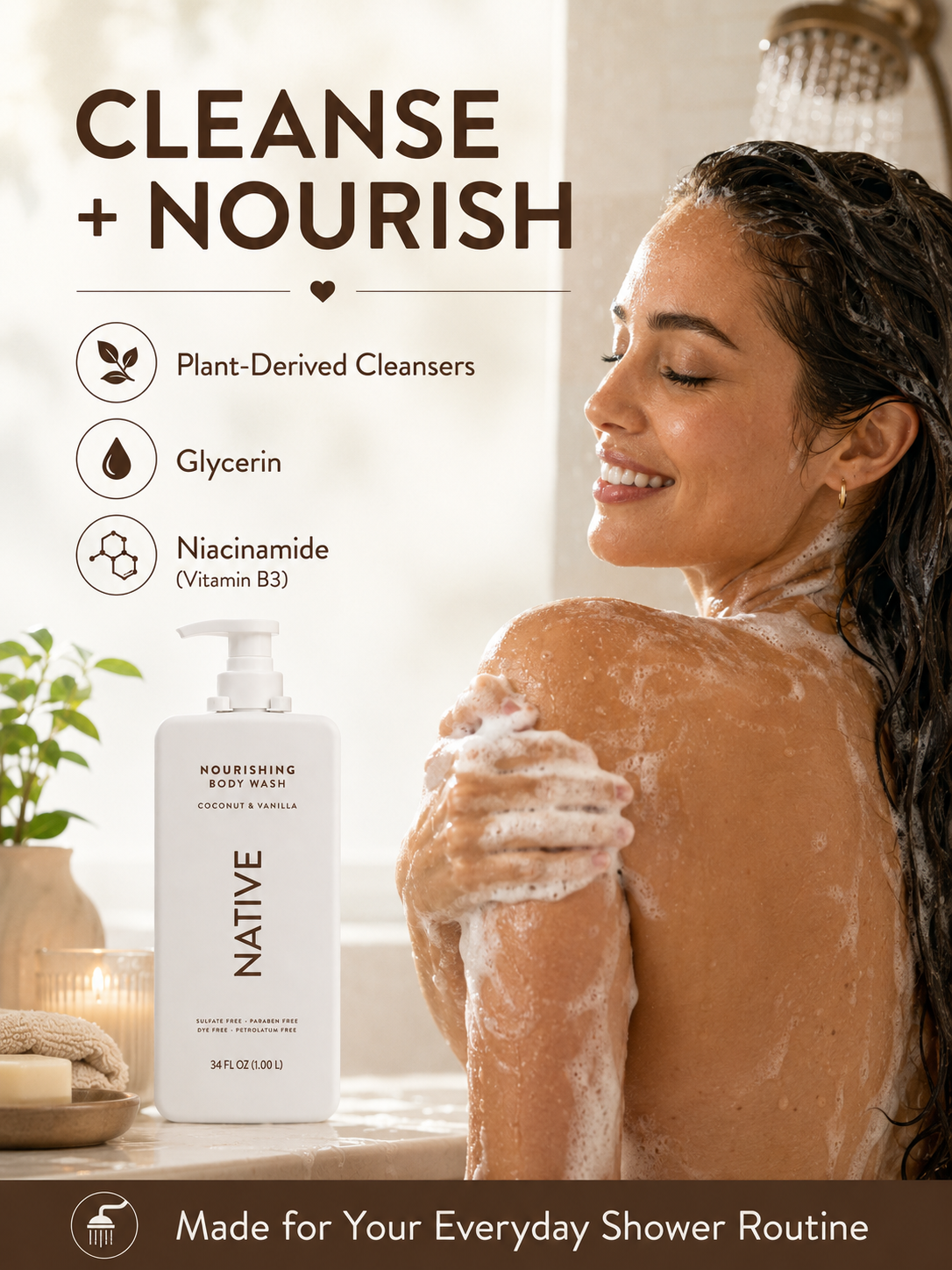 Native Nourishing Body Wash, Coconut & Vanilla, Sulfate Free & Paraben Free, 34 fl oz, 2 Pack (68 fl oz Total)