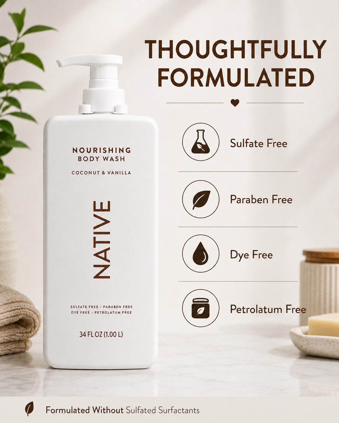 Native Nourishing Body Wash, Coconut & Vanilla, Sulfate Free & Paraben Free, 34 fl oz, 2 Pack (68 fl oz Total)