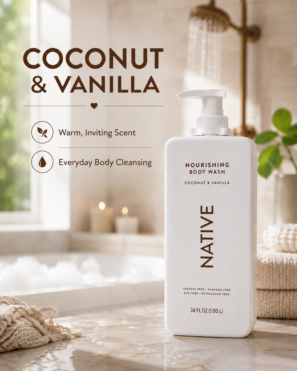 Native Nourishing Body Wash, Coconut & Vanilla, Sulfate Free & Paraben Free, 34 fl oz, 2 Pack (68 fl oz Total)