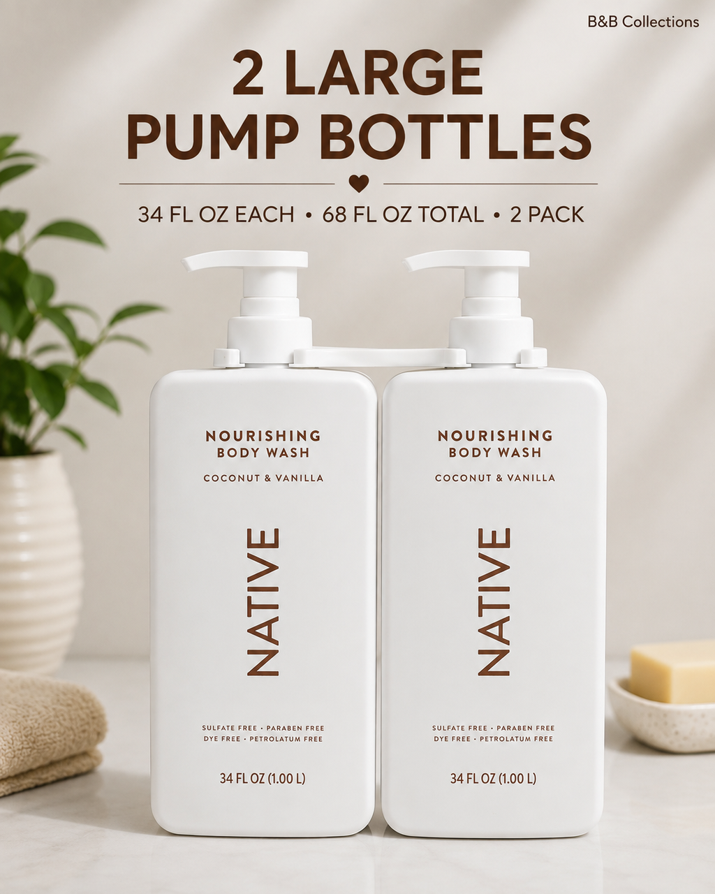 Native Nourishing Body Wash, Coconut & Vanilla, Sulfate Free & Paraben Free, 34 fl oz, 2 Pack (68 fl oz Total)
