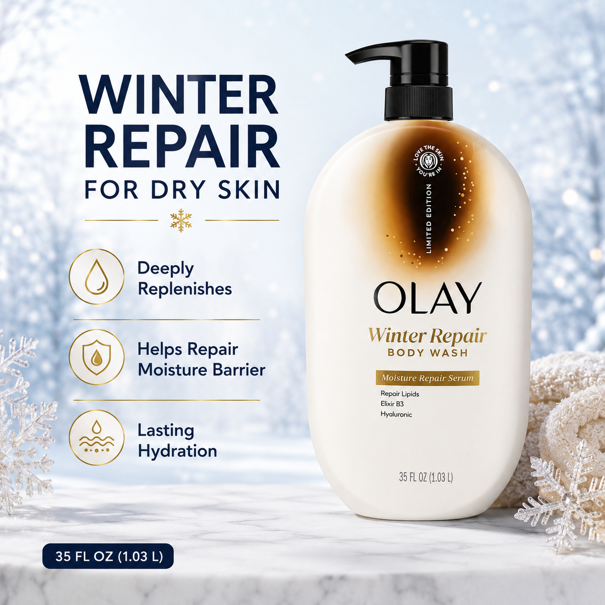 Olay Winter Repair Body Wash with Moisture Repair Serum, Repair Lipids, Elixir B3 & Hyaluronic, 35 fl oz