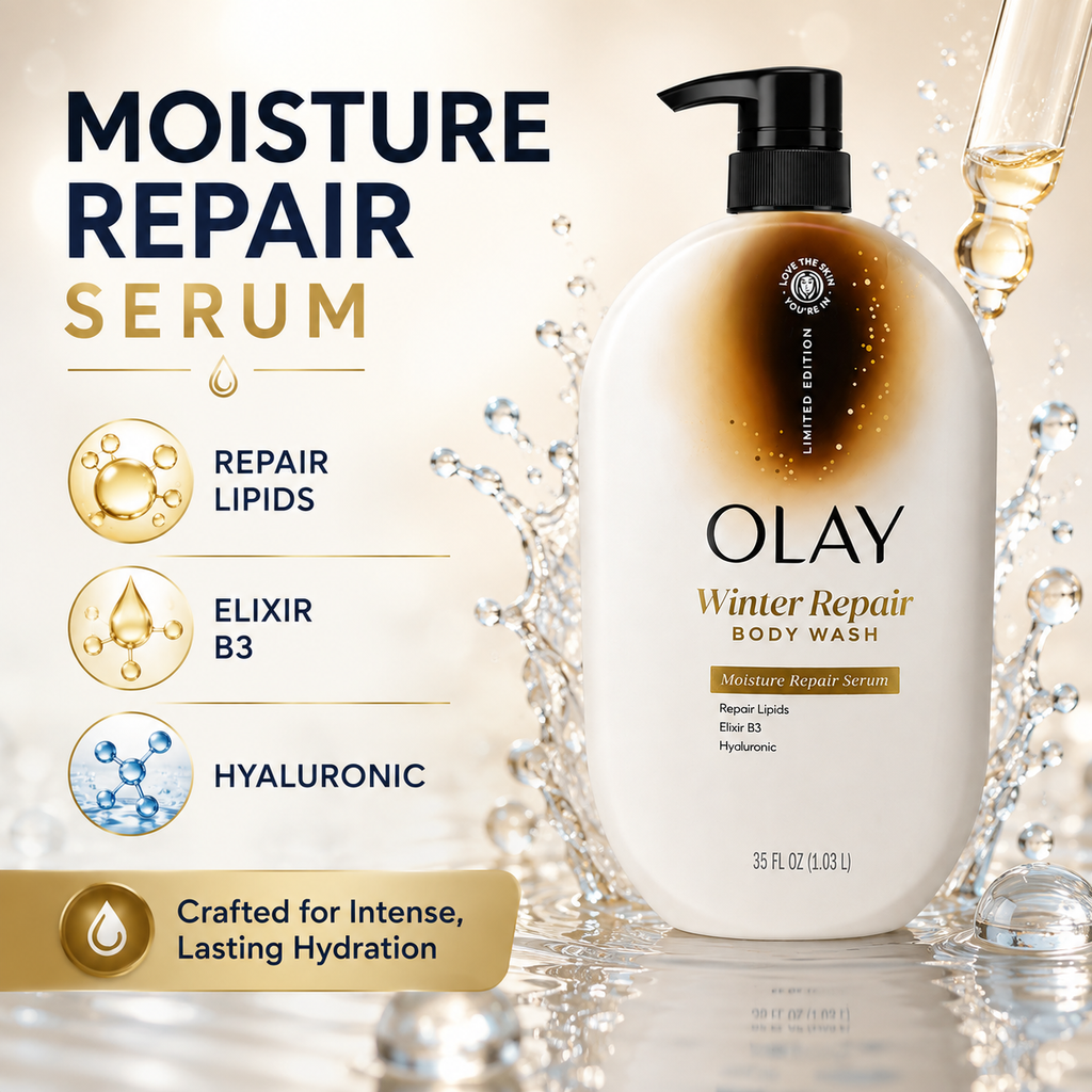 Olay Winter Repair Body Wash with Moisture Repair Serum, Repair Lipids, Elixir B3 & Hyaluronic, 35 fl oz