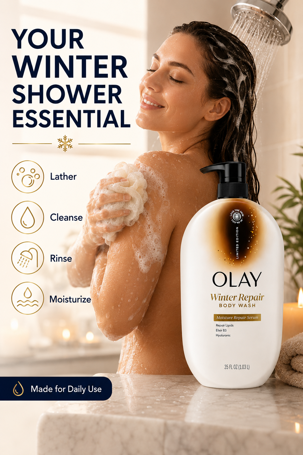 Olay Winter Repair Body Wash with Moisture Repair Serum, Repair Lipids, Elixir B3 & Hyaluronic, 35 fl oz