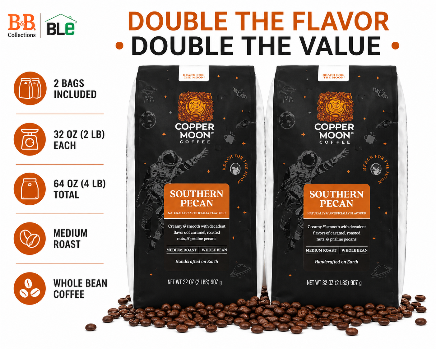 Copper Moon Coffee Southern Pecan Whole Bean Coffee, Medium Roast, Naturally & Artificially Flavored, 32 oz (2 lb), 2-Pack