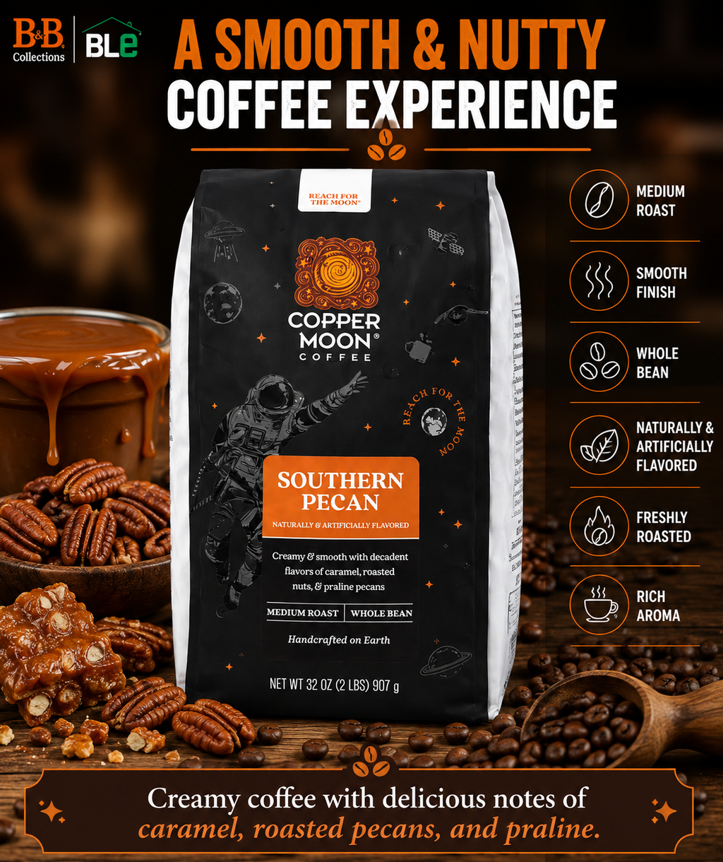 Copper Moon Coffee Southern Pecan Whole Bean Coffee, Medium Roast, Naturally & Artificially Flavored, 32 oz (2 lb), 2-Pack