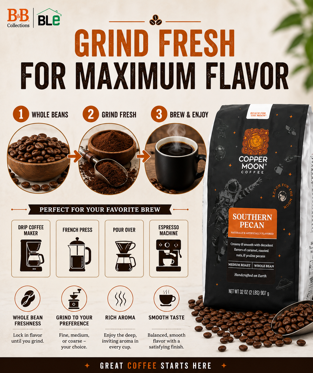 Copper Moon Coffee Southern Pecan Whole Bean Coffee, Medium Roast, Naturally & Artificially Flavored, 32 oz (2 lb), 2-Pack