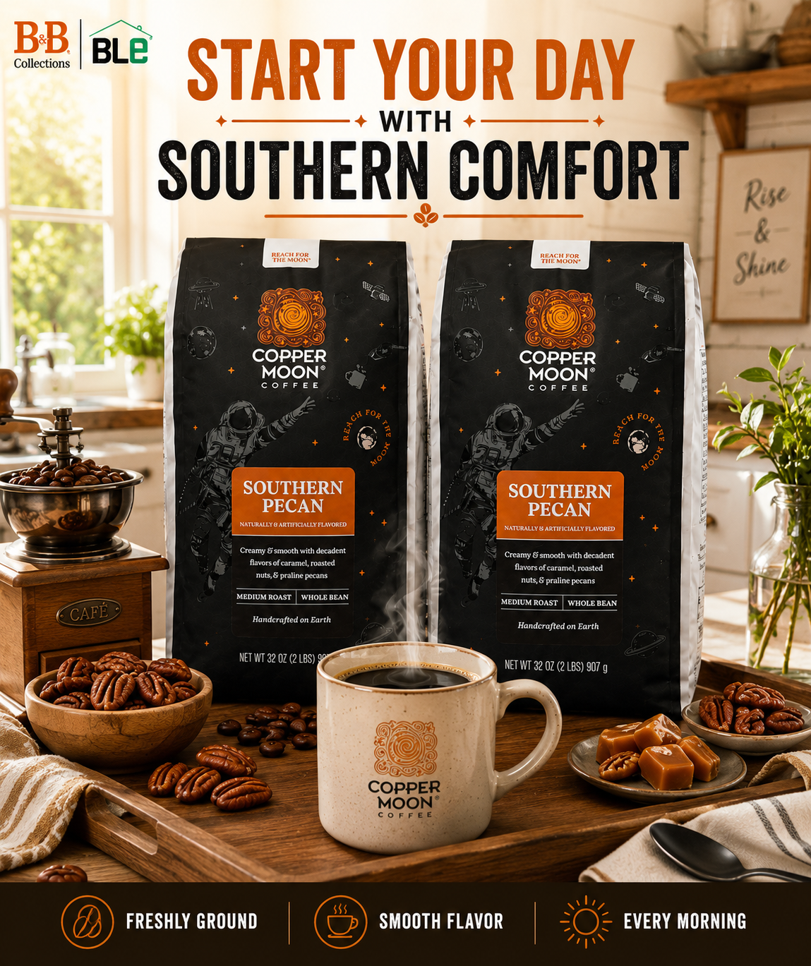 Copper Moon Coffee Southern Pecan Whole Bean Coffee, Medium Roast, Naturally & Artificially Flavored, 32 oz (2 lb), 2-Pack