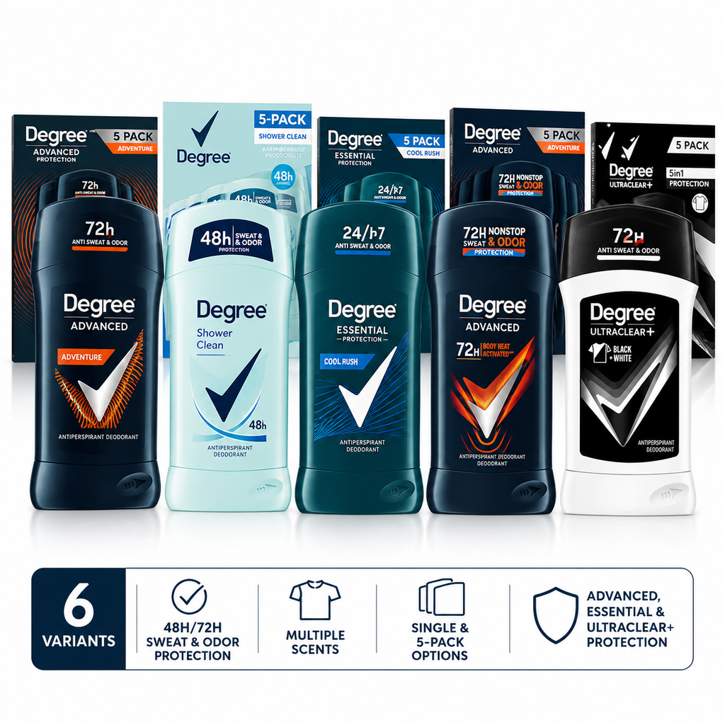 Degree Men's Antiperspirant Deodorant Stick, Advanced, Essential & UltraClear+ Protection, 48H/72H Sweat & Odor Protection, Multiple Scents & Pack Sizes