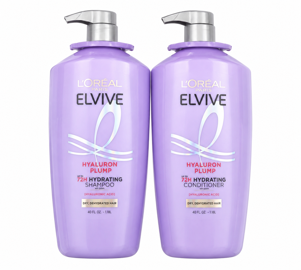 L'Oréal Paris Elvive Hyaluron Plump Hydrating Shampoo & Conditioner Set, Hyaluronic Acid, Up to 72H Hydration, for Dry, Dehydrated Hair, 40 Fl Oz Each (Pack of 2)