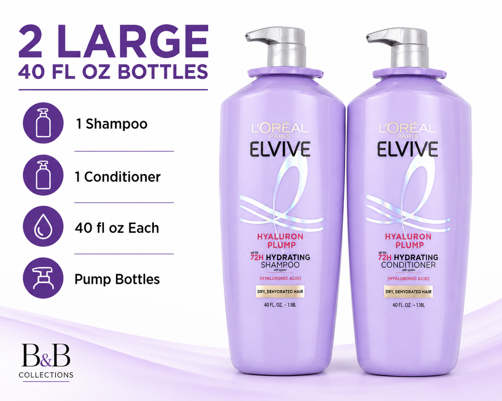 L'Oréal Paris Elvive Hyaluron Plump Hydrating Shampoo & Conditioner Set, Hyaluronic Acid, Up to 72H Hydration, for Dry, Dehydrated Hair, 40 Fl Oz Each (Pack of 2)