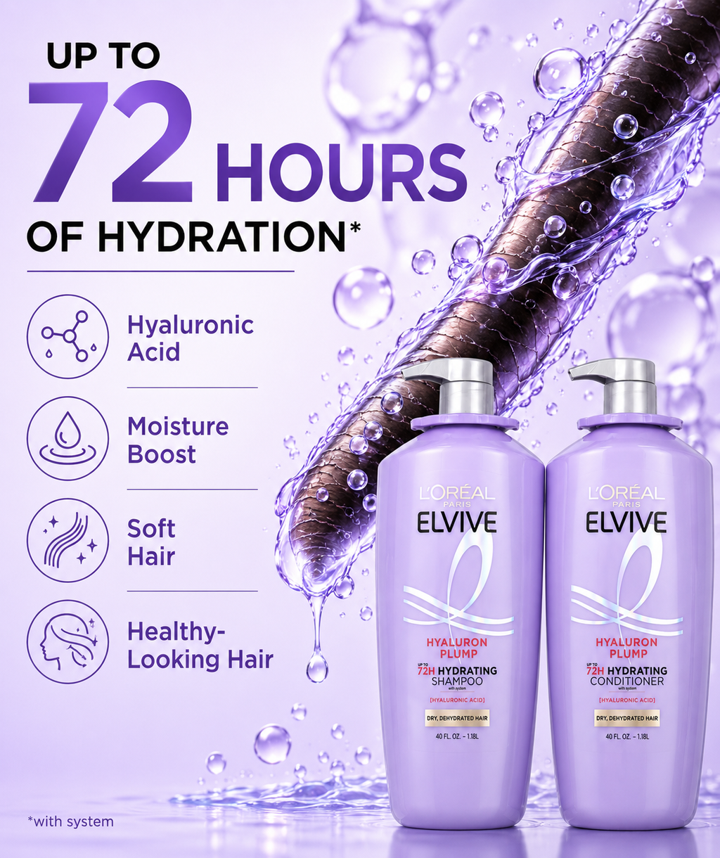 L'Oréal Paris Elvive Hyaluron Plump Hydrating Shampoo & Conditioner Set, Hyaluronic Acid, Up to 72H Hydration, for Dry, Dehydrated Hair, 40 Fl Oz Each (Pack of 2)