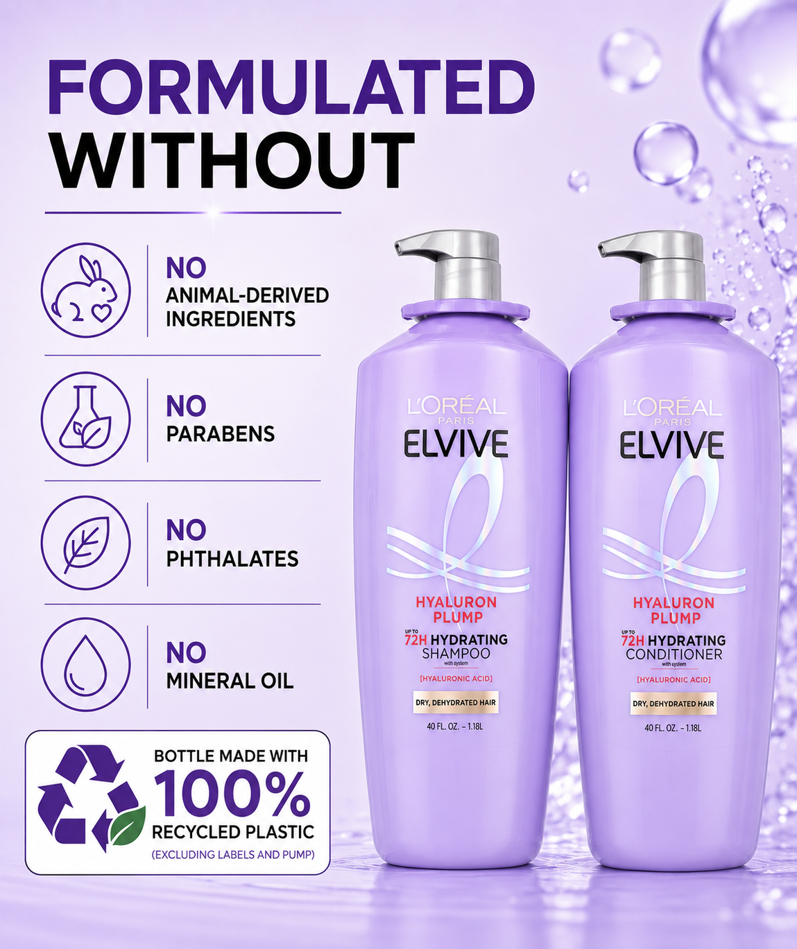 L'Oréal Paris Elvive Hyaluron Plump Hydrating Shampoo & Conditioner Set, Hyaluronic Acid, Up to 72H Hydration, for Dry, Dehydrated Hair, 40 Fl Oz Each (Pack of 2)