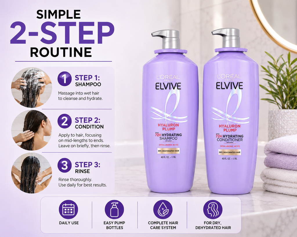 L'Oréal Paris Elvive Hyaluron Plump Hydrating Shampoo & Conditioner Set, Hyaluronic Acid, Up to 72H Hydration, for Dry, Dehydrated Hair, 40 Fl Oz Each (Pack of 2)