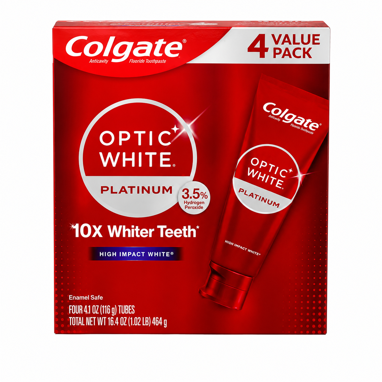 Colgate Optic White Platinum Whitening Toothpaste, High Impact White, 3.5% Hydrogen Peroxide, Enamel Safe, Fluoride Toothpaste, 4.1 oz Tubes, 4-Pack (16.4 oz Total)