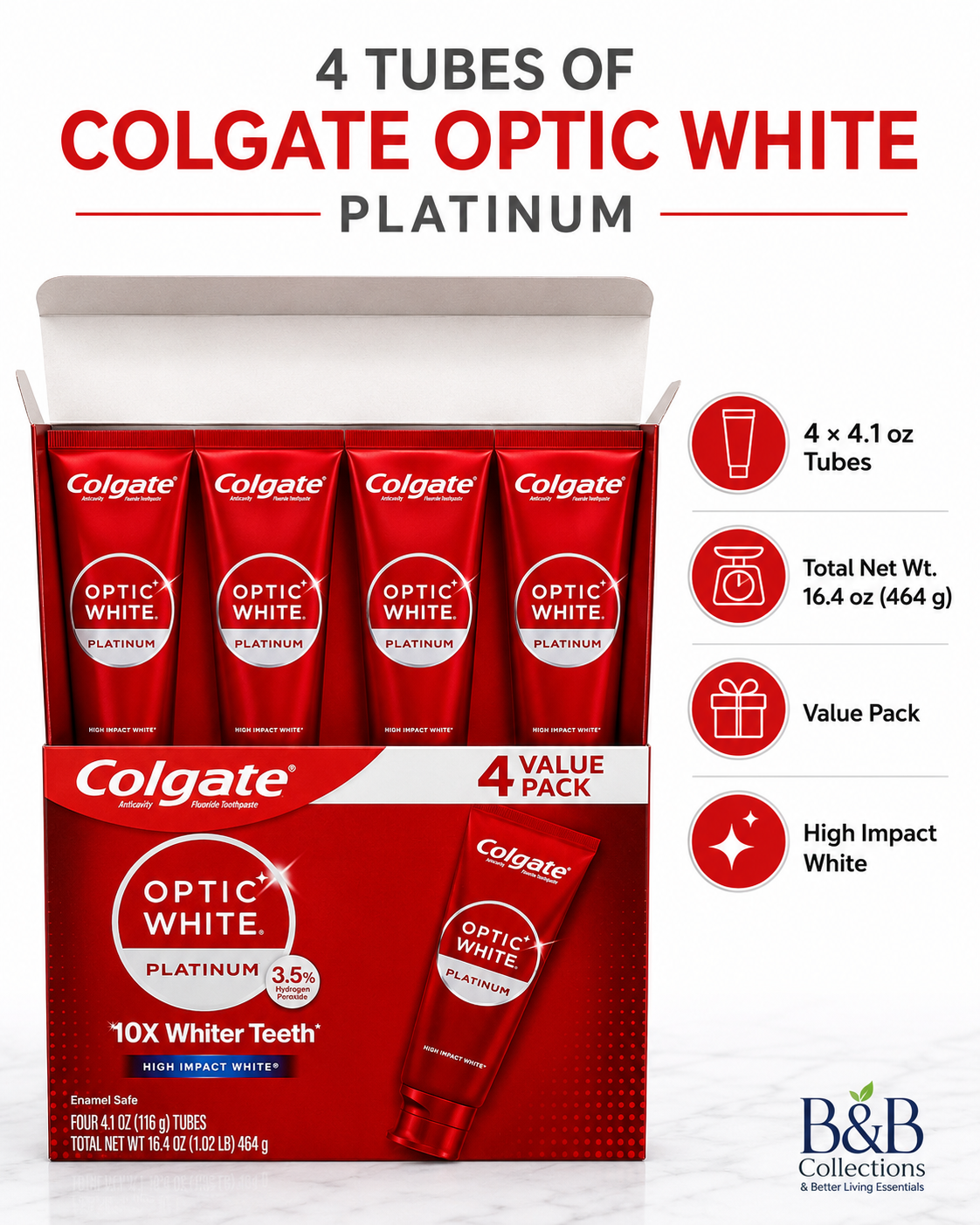 Colgate Optic White Platinum Whitening Toothpaste, High Impact White, 3.5% Hydrogen Peroxide, Enamel Safe, Fluoride Toothpaste, 4.1 oz Tubes, 4-Pack (16.4 oz Total)