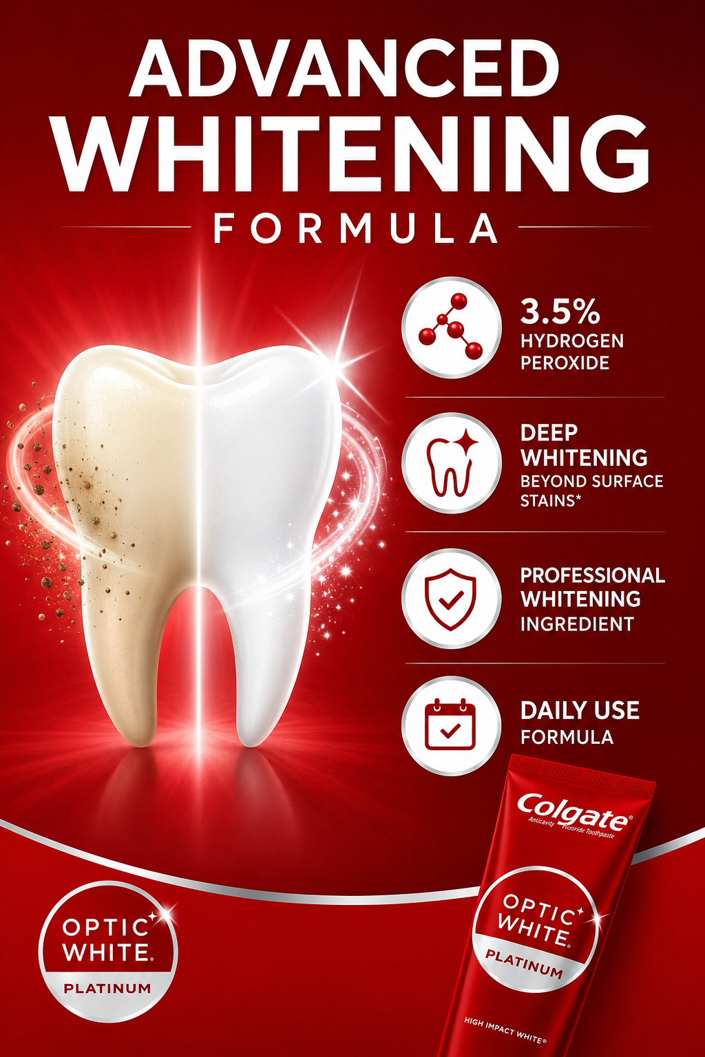 Colgate Optic White Platinum Whitening Toothpaste, High Impact White, 3.5% Hydrogen Peroxide, Enamel Safe, Fluoride Toothpaste, 4.1 oz Tubes, 4-Pack (16.4 oz Total)