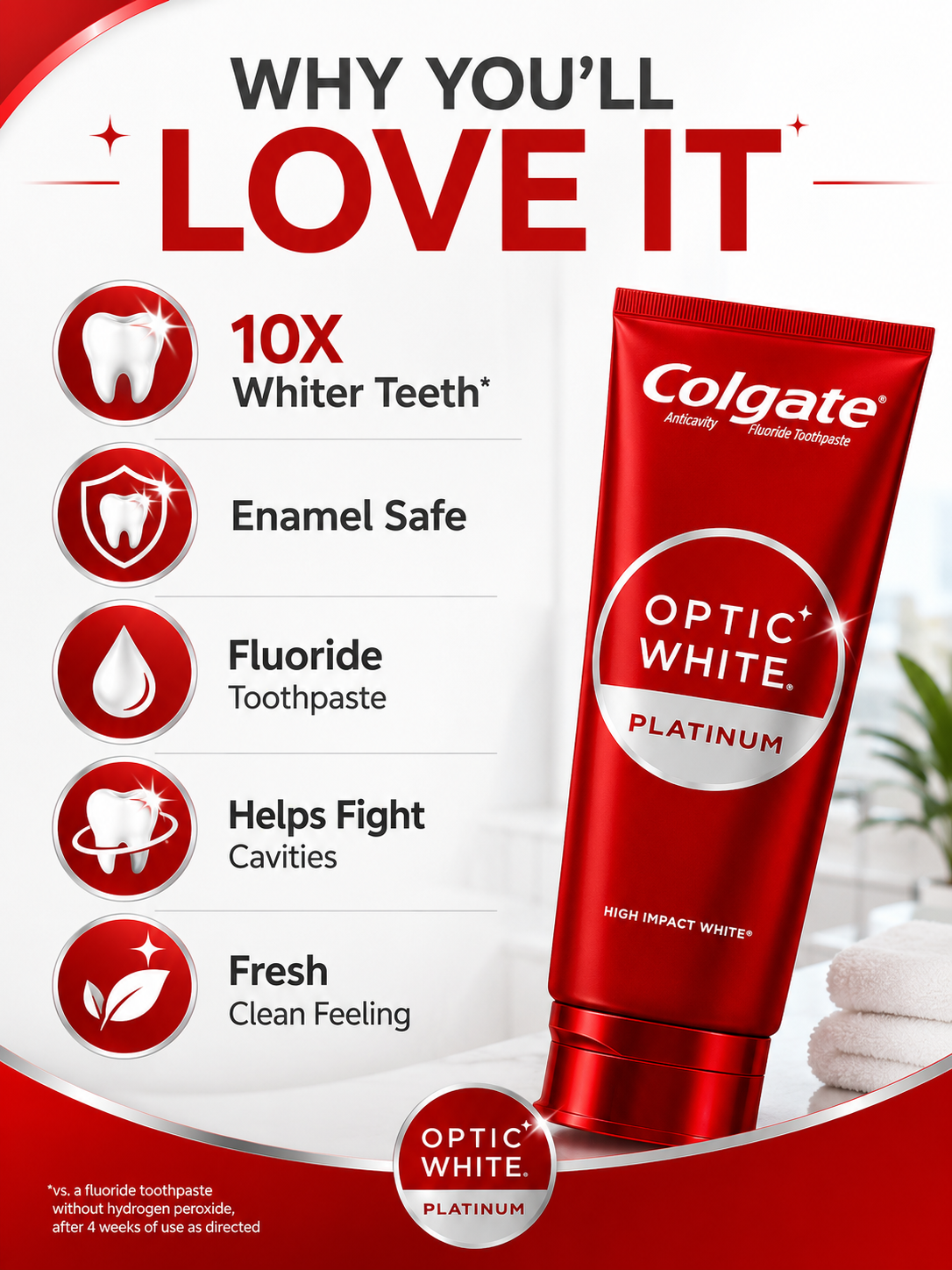 Colgate Optic White Platinum Whitening Toothpaste, High Impact White, 3.5% Hydrogen Peroxide, Enamel Safe, Fluoride Toothpaste, 4.1 oz Tubes, 4-Pack (16.4 oz Total)