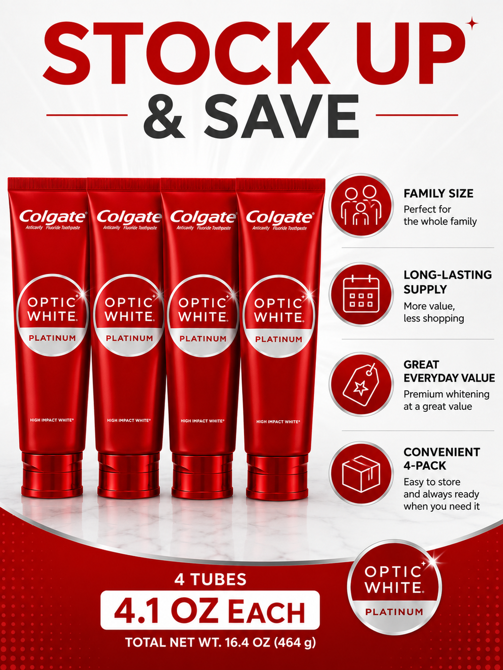 Colgate Optic White Platinum Whitening Toothpaste, High Impact White, 3.5% Hydrogen Peroxide, Enamel Safe, Fluoride Toothpaste, 4.1 oz Tubes, 4-Pack (16.4 oz Total)