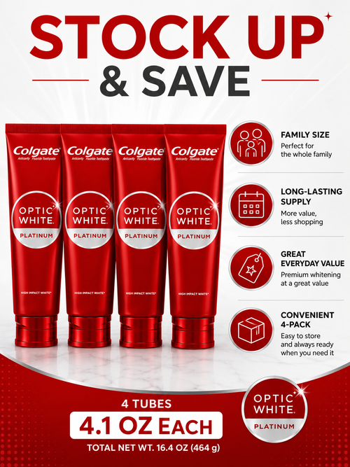 Colgate Optic White Platinum Whitening Toothpaste, High Impact White, 3.5% Hydrogen Peroxide, Enamel Safe, Fluoride Toothpaste, 4.1 oz Tubes, 4-Pack (16.4 oz Total)