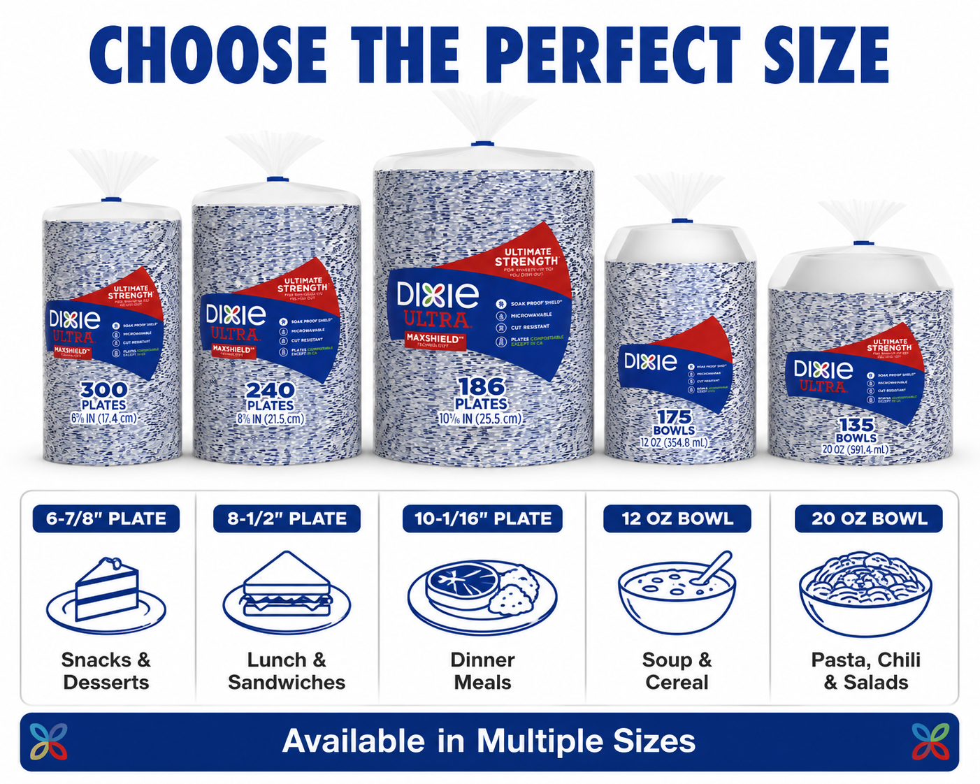 Dixie Ultra Disposable Paper Plates & Bowls, Multiple Sizes & Counts, Soak Proof Shield, Microwave Safe, Cut Resistant