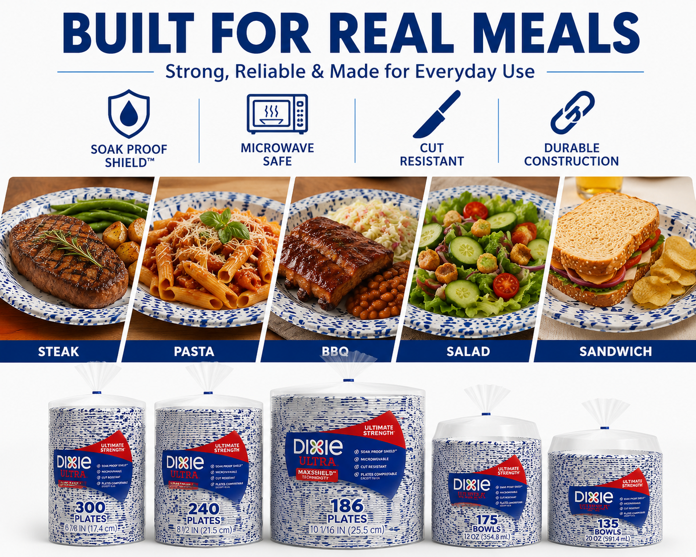 Dixie Ultra Disposable Paper Plates & Bowls, Multiple Sizes & Counts, Soak Proof Shield, Microwave Safe, Cut Resistant