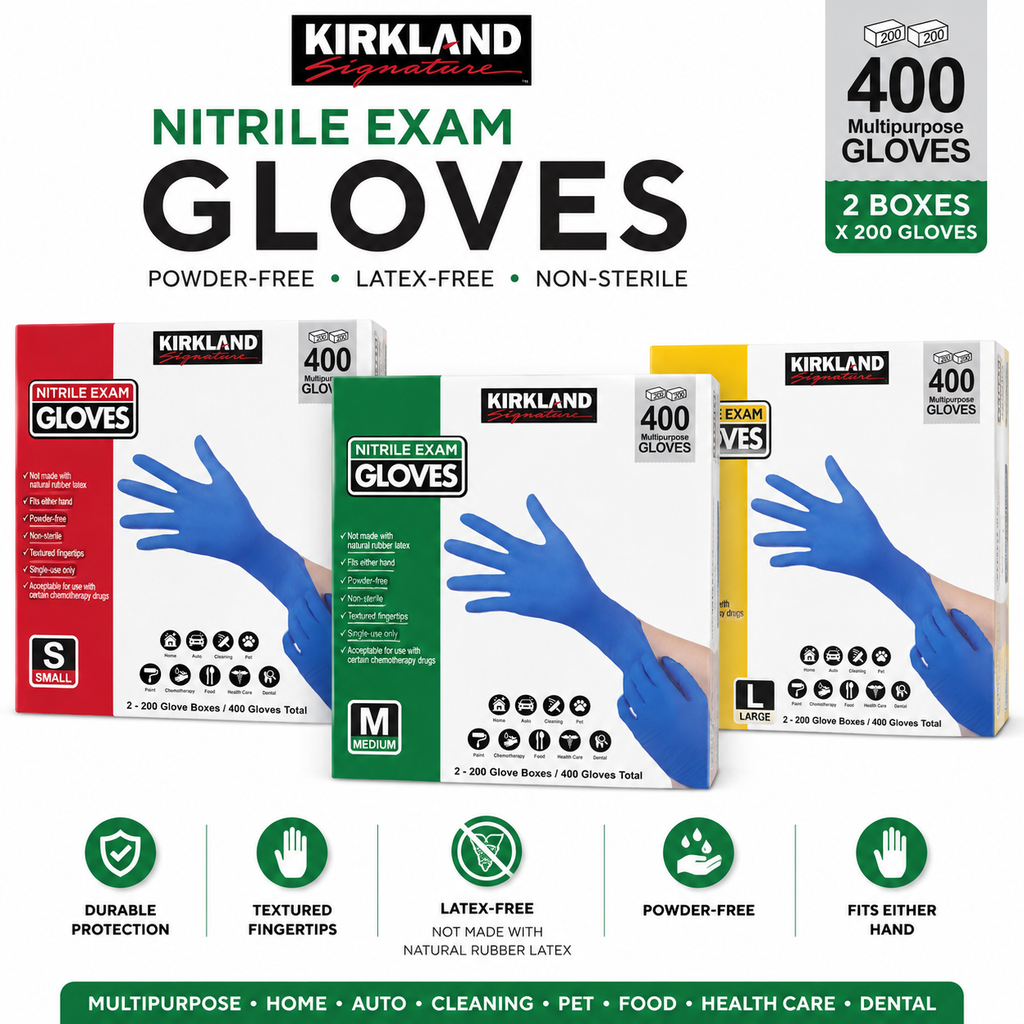 Kirkland Signature Nitrile Exam Gloves, 400 Count (2 x 200), Powder-Free, Latex-Free, Disposable Multipurpose Gloves, Non-Sterile, Textured Fingertips, Small/Medium/Large